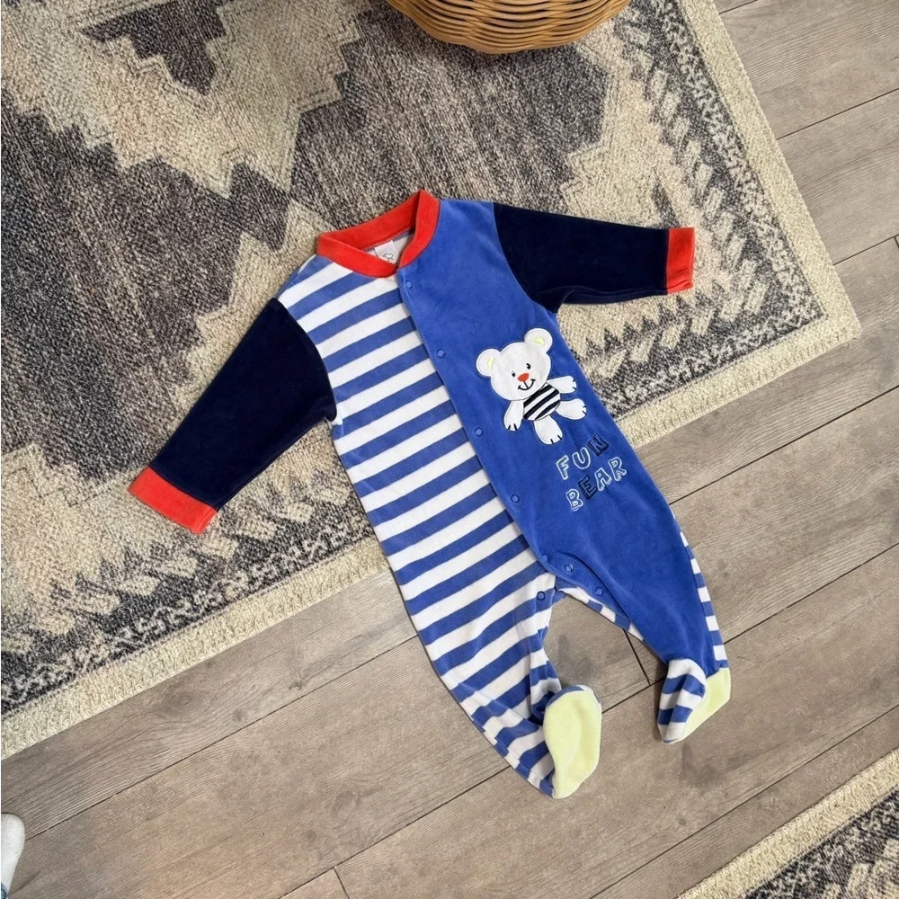 Vintage Baby Boy Color Block Striped Bear Terry Cloth Footies Size 6-9 Months